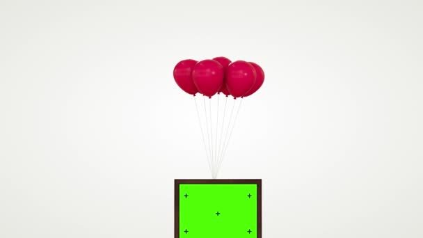 Ram med en grön skärm och spårmarkörer fästa på ett gäng ballonger flyger upp från botten över vit bakgrund med alfa-kanal, luma Matt. Mall för din slogan, logotyp eller bild. — Stockvideo