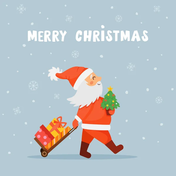 Carte de Noël avec le Père Noël et chariot cadeau — Image vectorielle