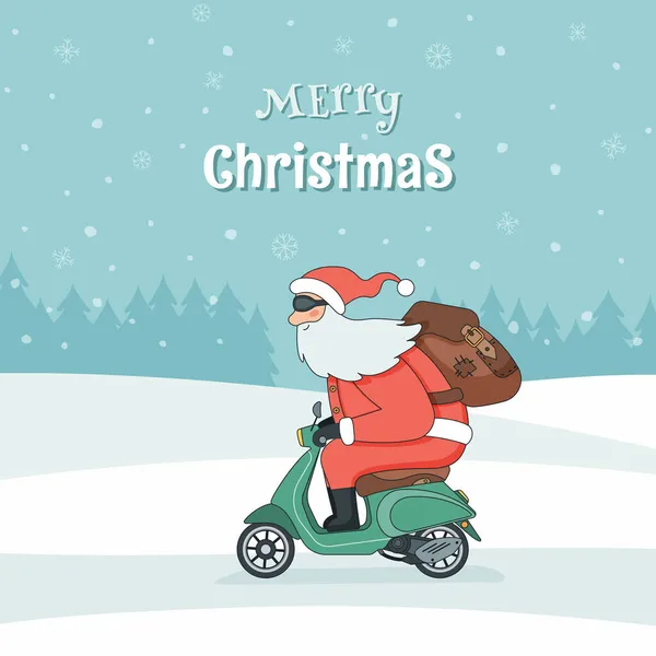 Père Noël livre des cadeaux de Noël sur scooter — Image vectorielle