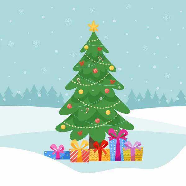 Cartão com árvore de natal decorada com caixas de presentes — Vetor de Stock