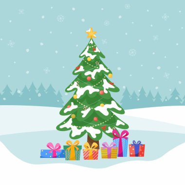 Süslemeleri, çelenkleri, yıldızları ve hediyeleri olan bir Noel ağacı.