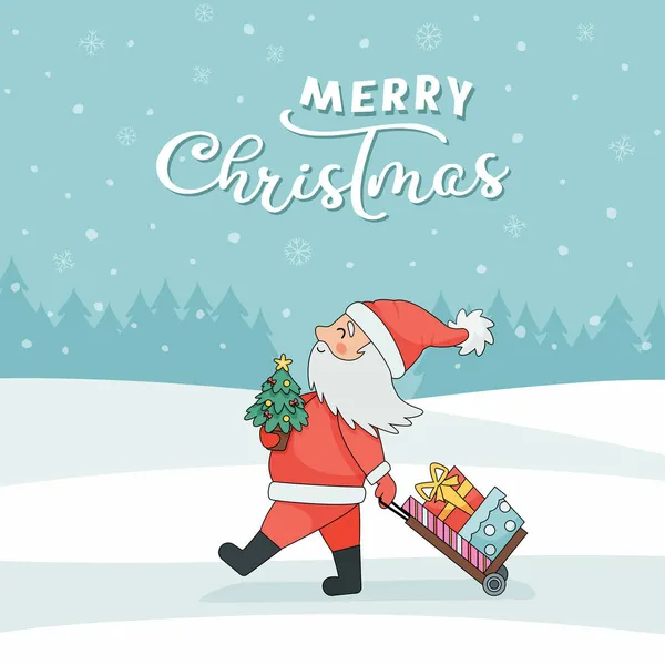 Carte avec Père Noël et chariot avec cadeaux — Image vectorielle