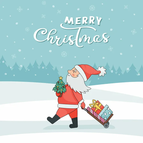 Kaart met kerstman en trolley met geschenken Rechtenvrije Stockvectors