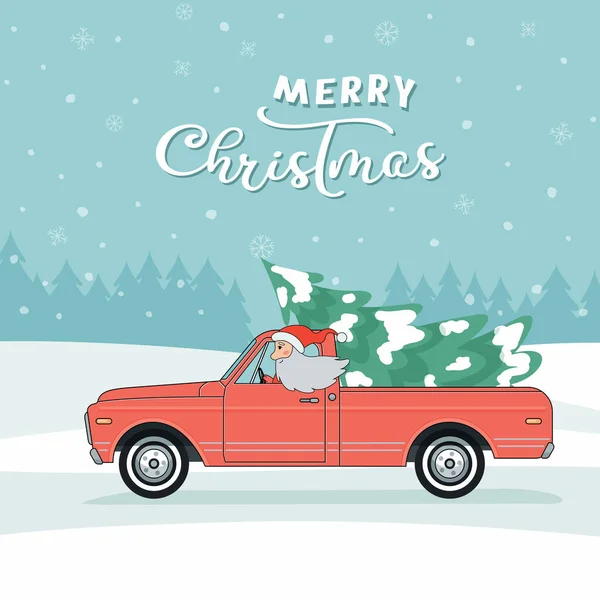 Carte du Père Noël dans la camionnette avec arbre de Noël — Image vectorielle