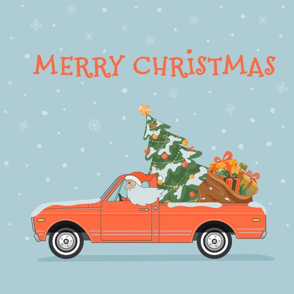 Père Noël en pick-up avec arbre de Noël et sac cadeau — Image vectorielle