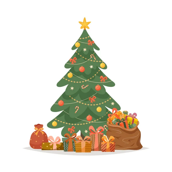 Árvore de Natal, saco de presente e caixas de presente — Vetor de Stock