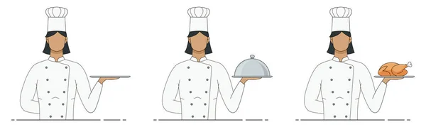 Three simple woman chef holds serving trays — стоковый вектор