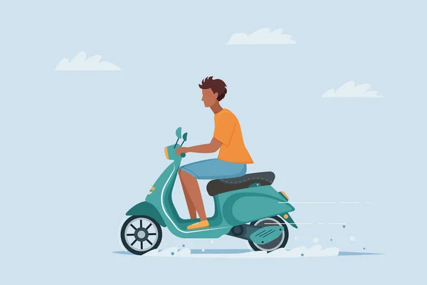 Young man drives fast on vintage scooter — Stockvector