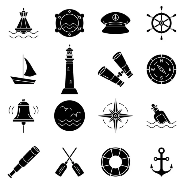 Conjunto marino de iconos planos de silueta simple — Vector de stock