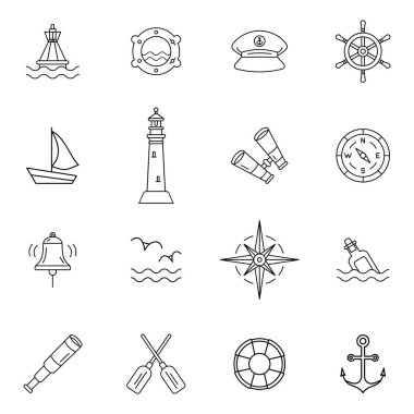 Beyaz üzerine basit ince çizgi simgelerinden oluşan bir denizcilik seti. Denizci desenli. Deniz feneri, çapa, tekerlek, dürbün, teleskop, yat, rüzgar gülü ve pusula. Vektör Özet Çizimi
