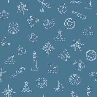 Dış hatları beyaz simgelerle kusursuz denizcilik deseni