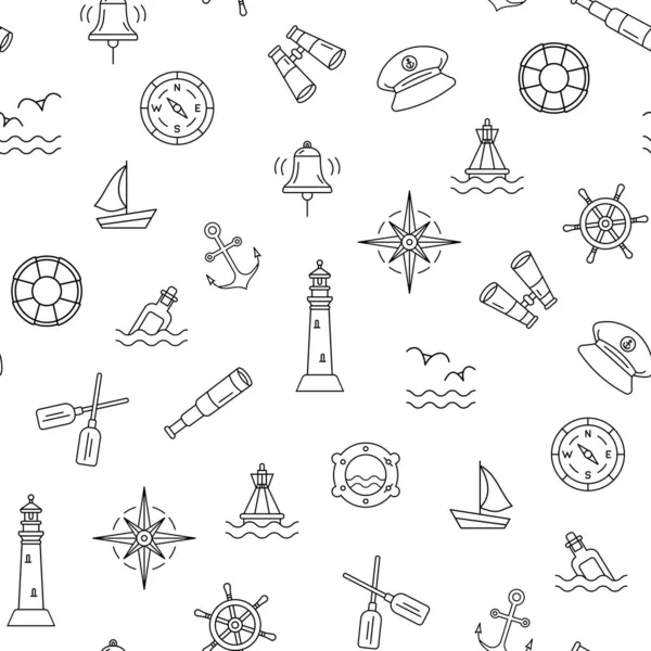 Patrón marino sin costuras con iconos náuticos de contorno — Vector de stock