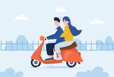 Genç adam klasik scooter 'a biniyor.