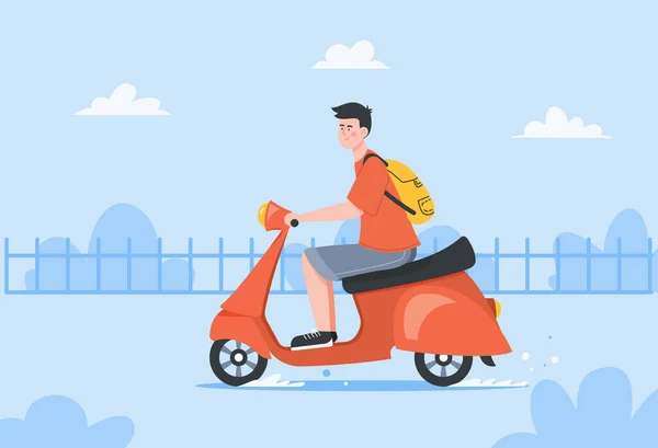 Yong man monte sur scooter rouge vintage — Image vectorielle