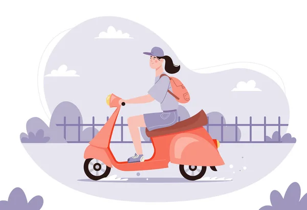Yong mujer paseos en scooter rojo vintage — Vector de stock