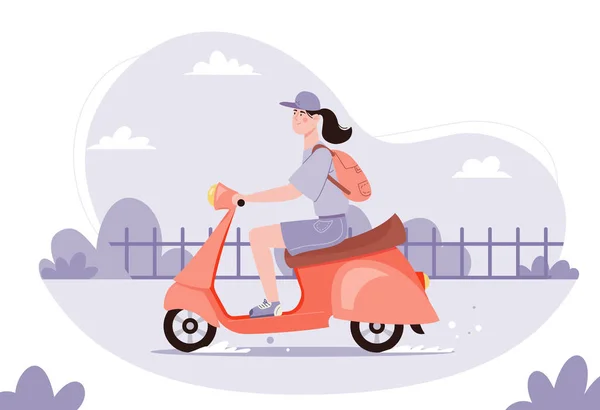 Yong kadını klasik kırmızı scooter 'a biniyor.