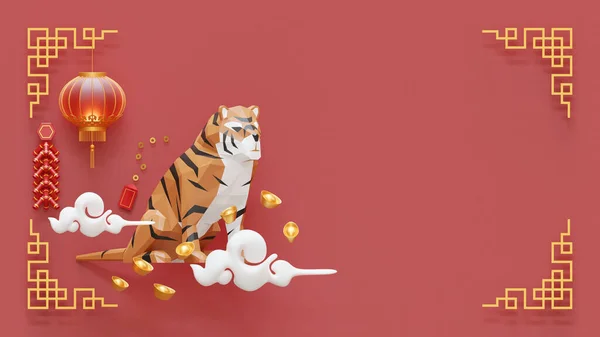 Ano Novo Chinês Espaço Cópia Tigre Com Ilustração Renderização — Fotografia de Stock