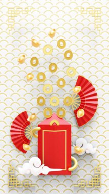 Angpao 3D canlandırmalı Sosyal Medya Hikayesi Şablonu. Çin Yeni Yıl kutlamaları için uygun.