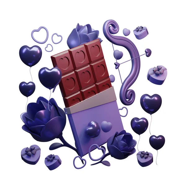 Zusammensetzung Von Renderschokolade Umgeben Von Blumen Pfeil Und Herzförmigen Objekten — Stockfoto