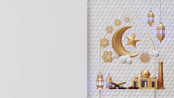 具有3D渲染说明组合的Ramadan登陆页 — 图库照片