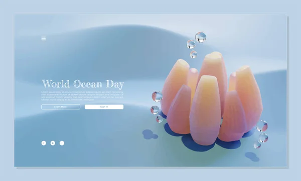 World Ocean Day Landing Page Template Tube Sponge Render Illustration — Stock Vector