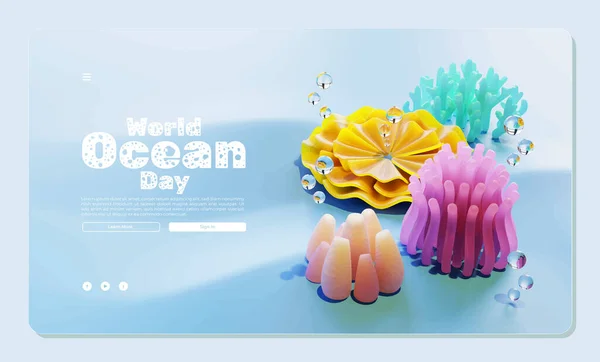 World Ocean Day Webbsida Mall Med Havsväxter Sammansättning Illustration — Stock vektor