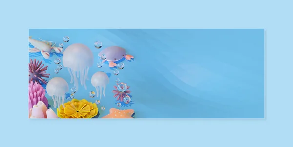 世界海洋复制空间与水母3D渲染说明 — 图库照片