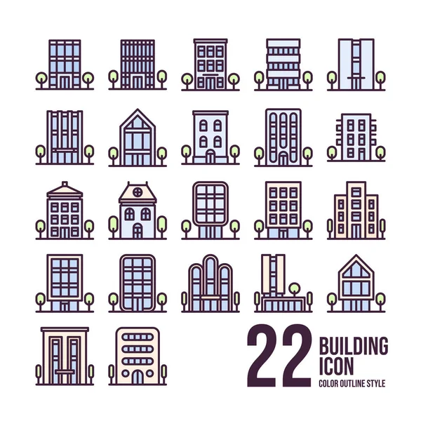 Buidling Icon Set Color Outline Style — Stok Vektör