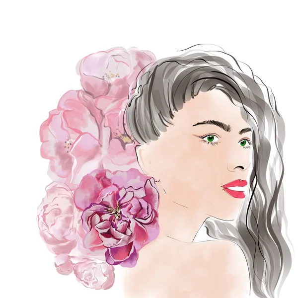 Ilustración Del Día Internacional Mujer Retrato Mujer Con Flores Peoney — Foto de Stock
