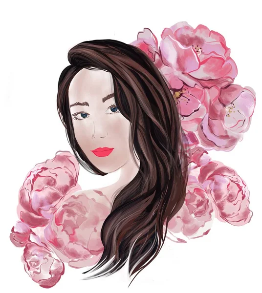 Ilustración Del Día Internacional Mujer Retrato Mujer Con Flores Peoney — Foto de Stock