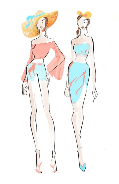 Sketch Fashion Illustration Auf Weißem Hintergrund Frau Sommer Outfit Crop — Stockfoto