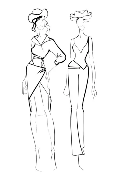 Sketch Fashion Ilustracja Białym Tle Kobieta Kowbojskim Kapeluszu Bluzki Upraw — Zdjęcie stockowe
