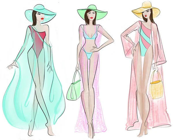 Boceto Ilustración Moda Sobre Fondo Blanco Mujer Traje Baño Sombrero —  Fotos de Stock