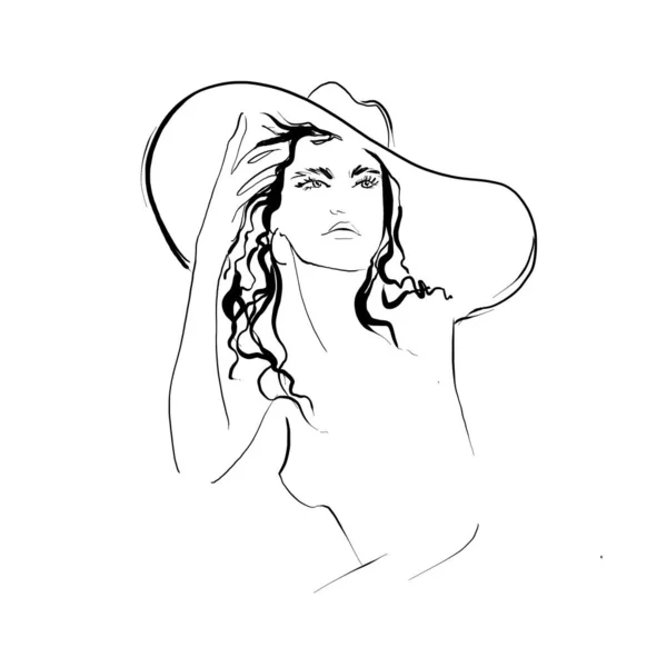 Portrait Une Femme Coiffée Chapeau Sur Fond Blanc Esquisse Illustration — Photo