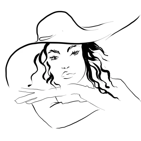白色背景上戴着帽子的女人的画像 彩绘画图 — 图库照片