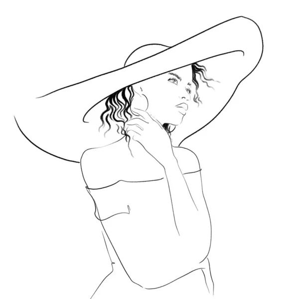 Boceto Ilustración Para Colorear Sobre Fondo Blanco Jovencita Con Sombrero —  Fotos de Stock