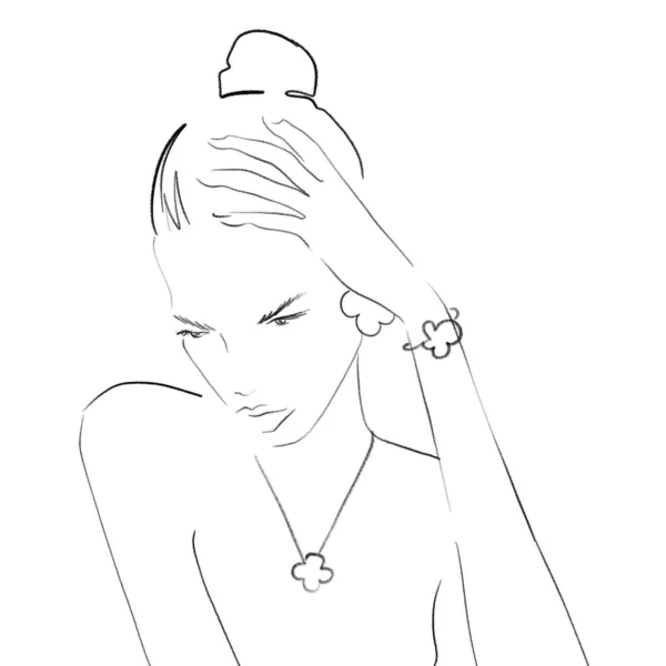 Porträt Eines Mädchens Mit Schmuck Auf Weißem Hintergrund Sketch Illustration — Stockfoto