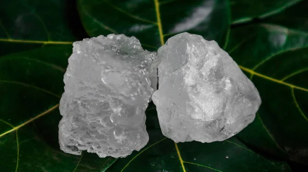 Crystal clear alum cubes or Potassium alum on green leaf. Chemical compound substance. Concept for beauty , spa and underarm treatment industrial.