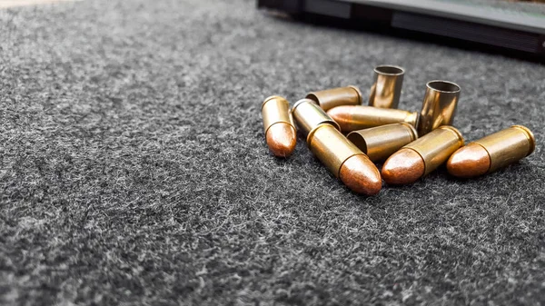 Black Artificial Handgun Bullets Dark Gray Fabric Concept Security Social — Stock Photo, Image