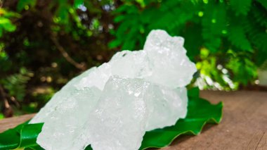 Yeşil yapraklı beyaz alum küpleri güzellik ve tıbbi endüstriyel kavramlar için.