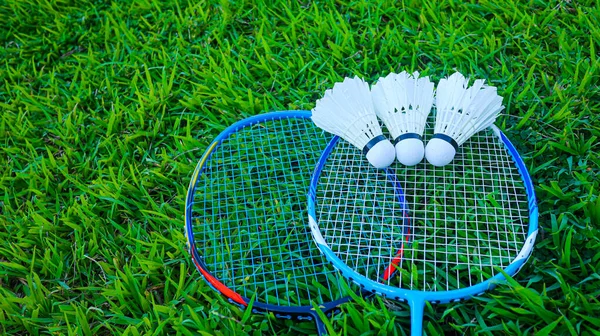 Badminton Shuttercocks Blue Raquettes Green Field — Stock Photo, Image
