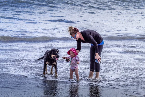 Familie Speelt Het Strand Het Zwarte Zand Middleton Beach Christchurch — Stockfoto