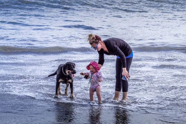 Familia Jugando Playa Arena Negra Middleton Beach Christchurch Nueva Zelanda —  Fotos de Stock