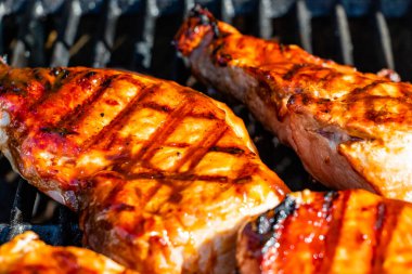 Sulu domuz pirzolasında mükemmel ızgara izleri. Calgary, Alberta, Kanada