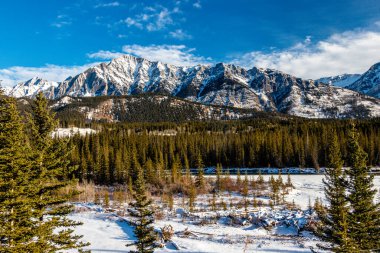 Pruva nehri yay sırasının altından akar. Banff Ulusal Parkı, Alberta, Kanada