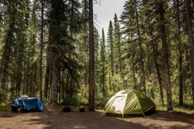 Kamp ve çadır Rampart Creek Banff Ulusal Parkı Alberta Kanada 'da kuruldu.