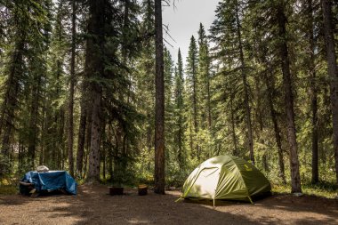 Camp and tent set up along Rampart Creek Banff National Park Alberta Canada clipart