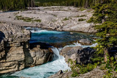 Yazın şelaleden hızlı akan su akar. Elbow Falls İl Rekreasyon Bölgesi, Alberta, Kanada