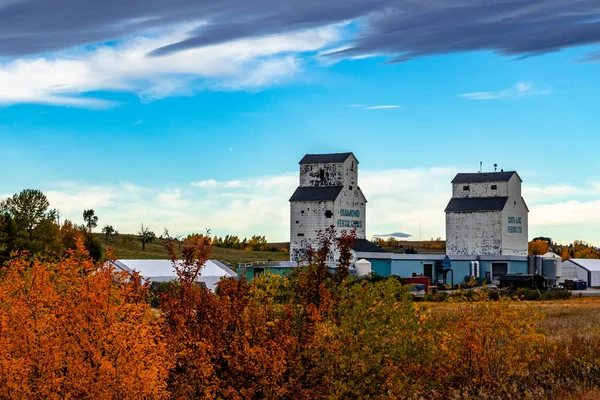 Dva Obilné Výtahy Hamletu Winton Podhůří Hrabství Alberta Kanada — Stock fotografie