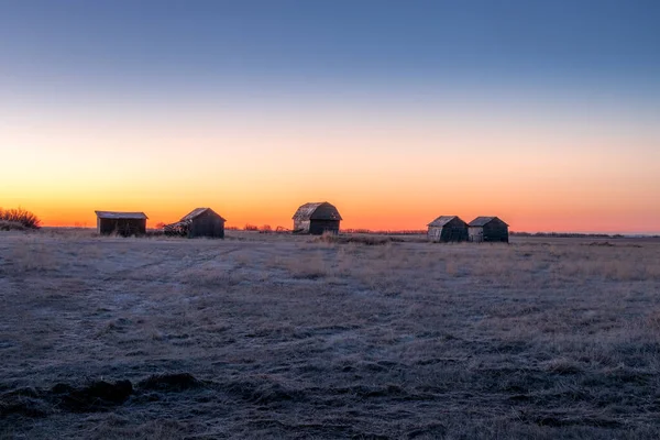 Ohromující Východ Slunce Nad Venkovskou Farmou Mrazírenských Budovách Keoma Alberta — Stock fotografie